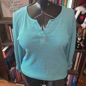 Chico’s green and white striped knit 2/L split neck top